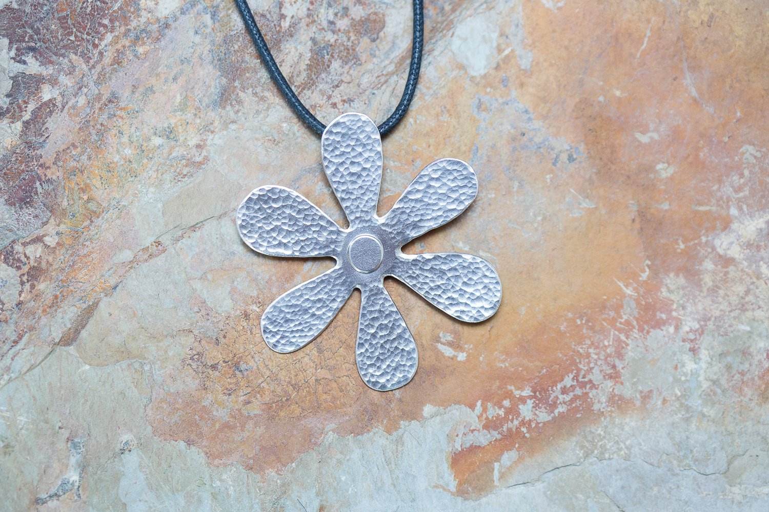 Solid Silver Handmade Flower Pendant With Hammerd Texture